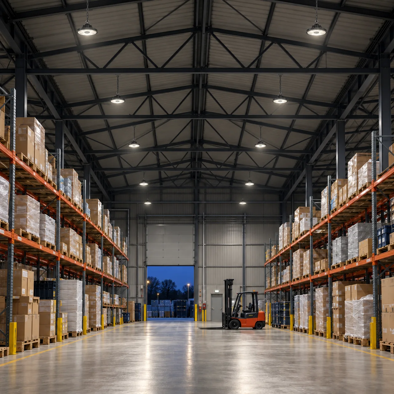 Magazzino industriale in ambientazione lombarda serale con VEGA SENS PRO accesi