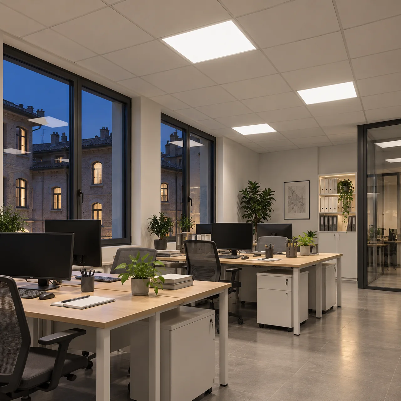 Ufficio in ambientazione lombarda serale con pannelli ANTARES SQR accesi