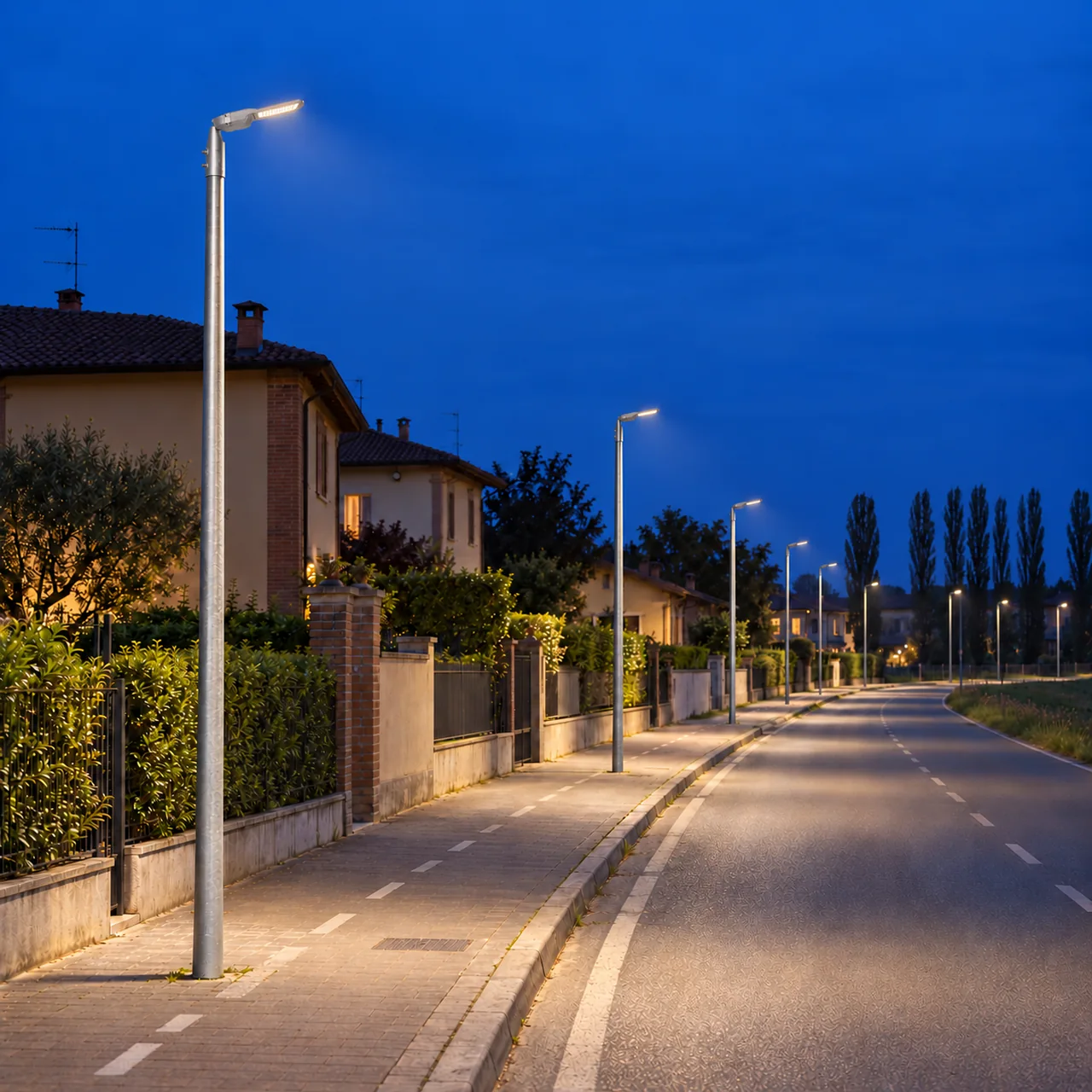 Strada in ambientazione lombarda serale con POLLUCE accesi