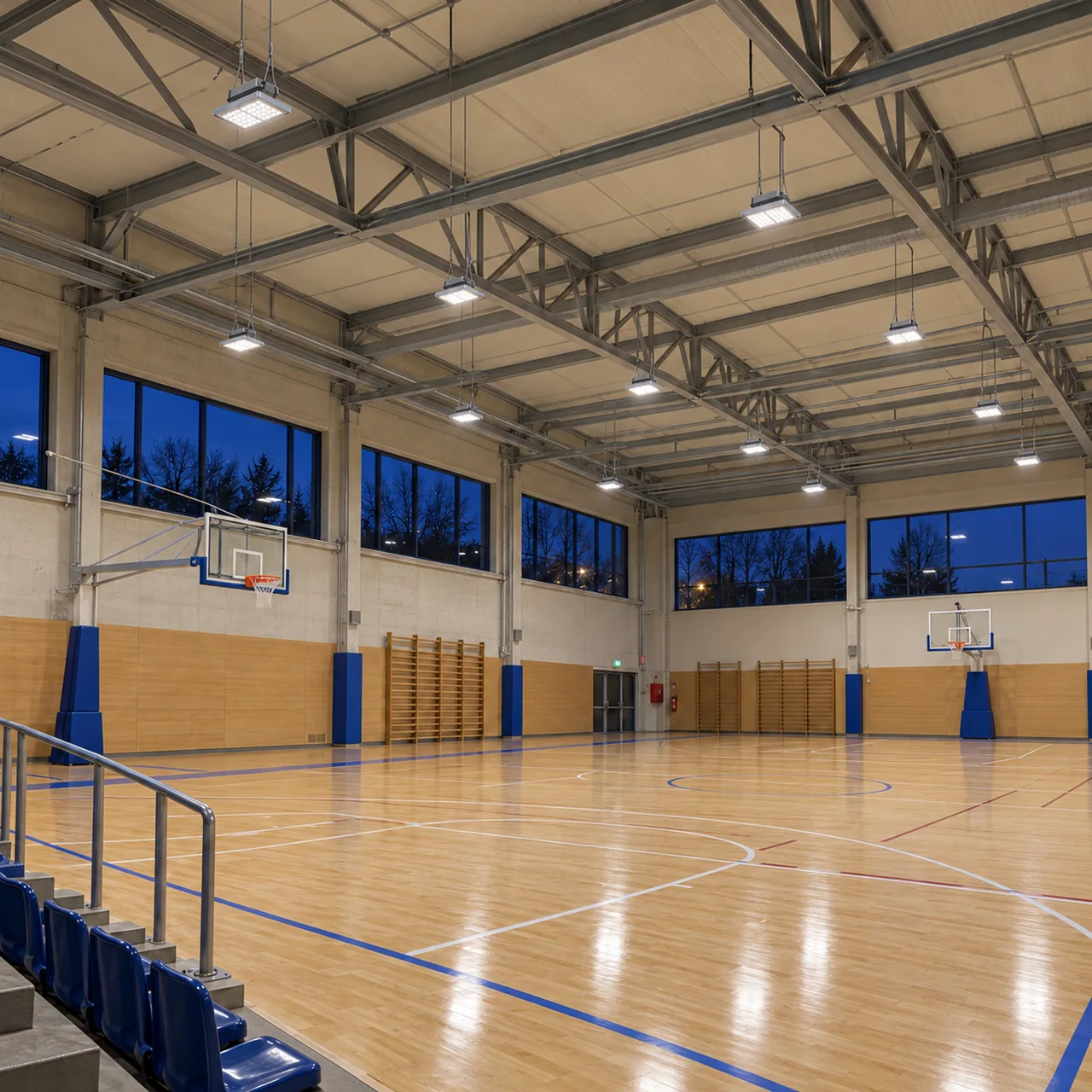 Palestra in ambientazione lombarda serale con ALCIONE PRO accesi